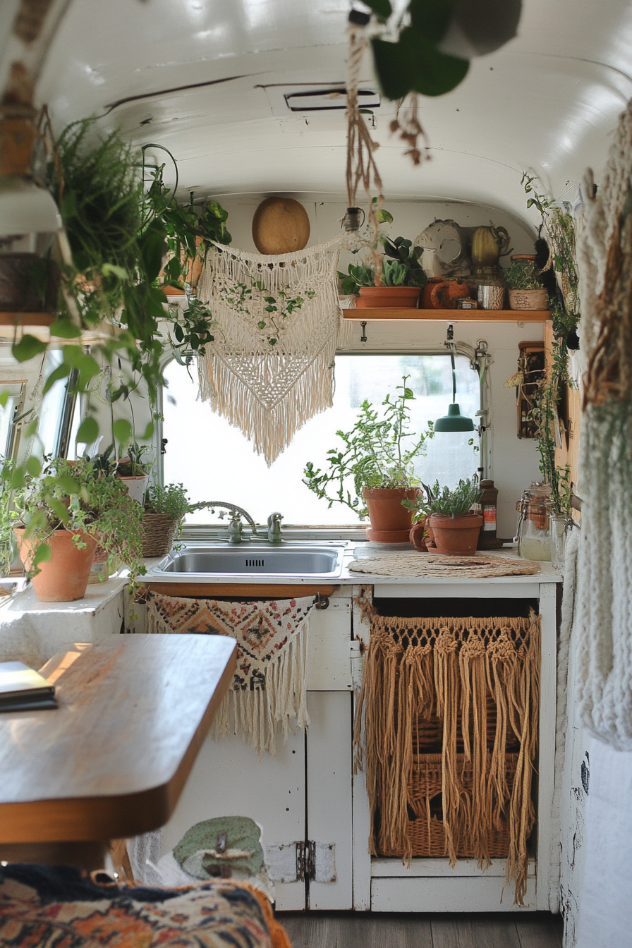 Bohemian camper kitchen. Macramé hanging planters near rattan storage cabinets.