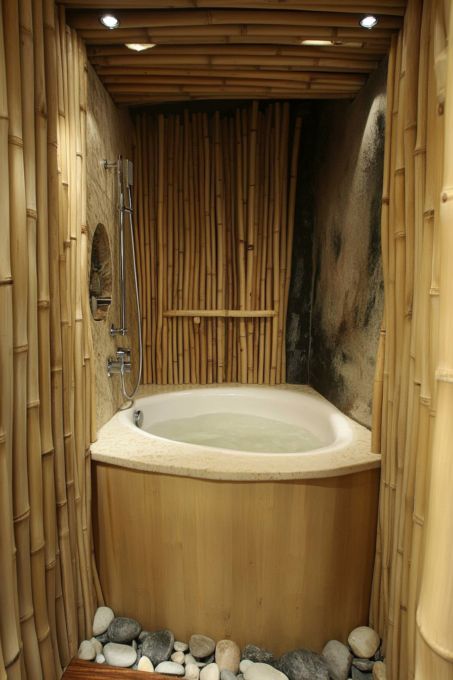 Tiny eco-bathroom concept. Bamboo walls with freestanding river rock tub.