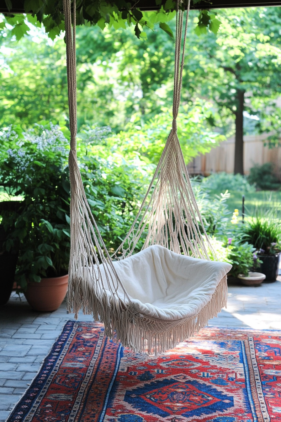 Bohemian patio. Macramé hanging chair over red and blue kilim rug.