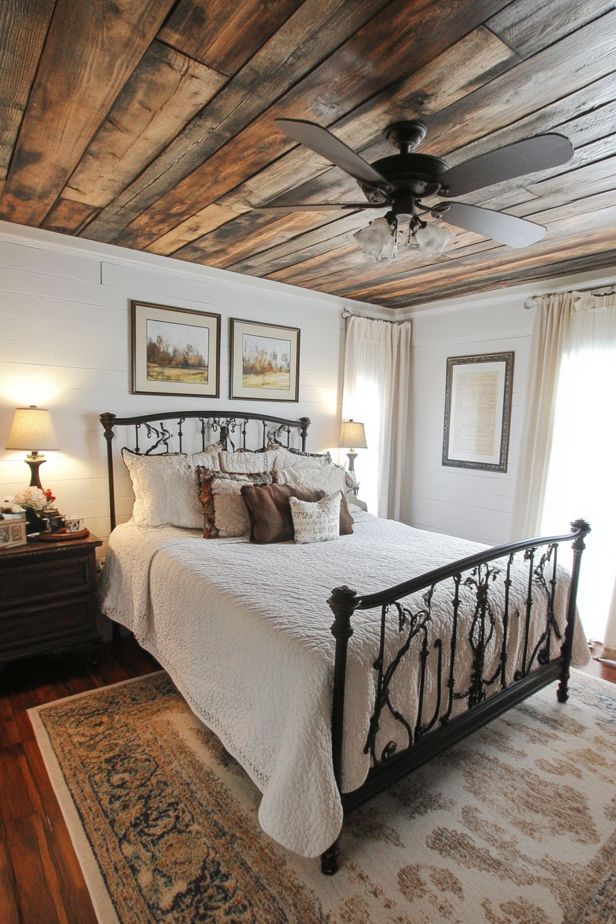 Rustic-chic bedroom. Weathered shiplap ceiling, antique iron bed frame.