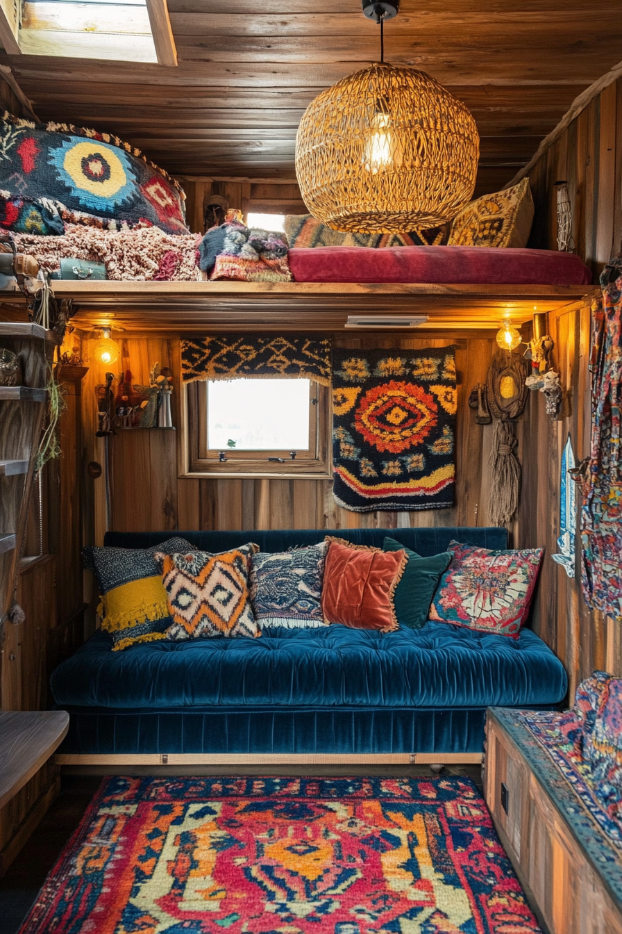 Bohemian Tiny Home Design. Velvet couch with complementary rattan light fixture on upper level.