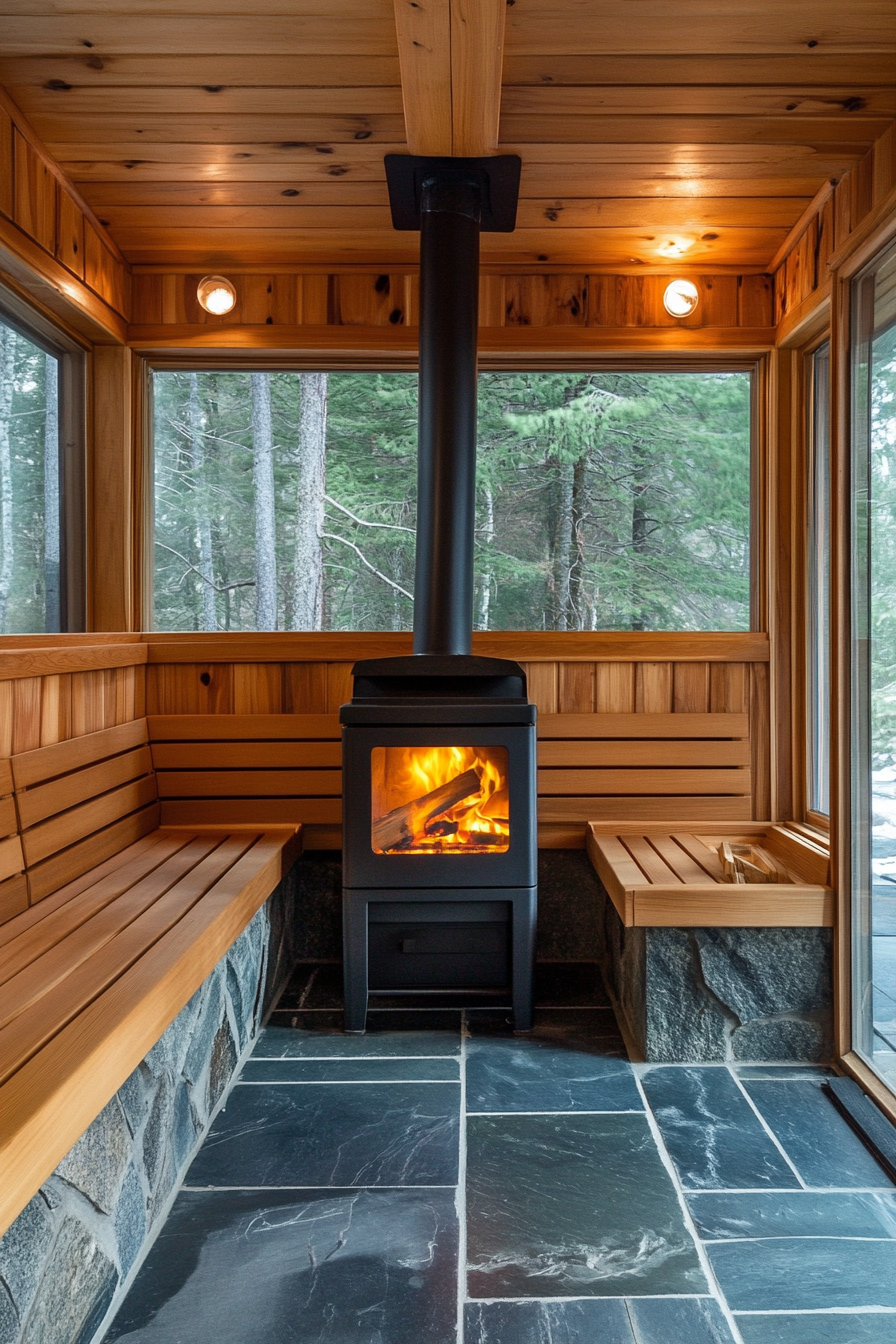 Sauna room design. Cast iron wood-burning stove with cedar tiered benches.