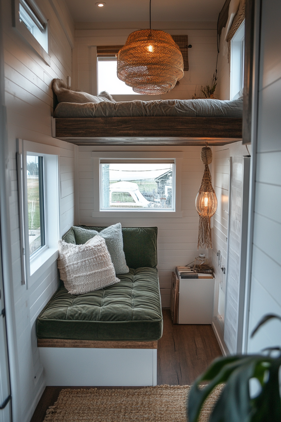 Tiny home upper level design. Velvet chaise lounge and rattan pendant lighting.