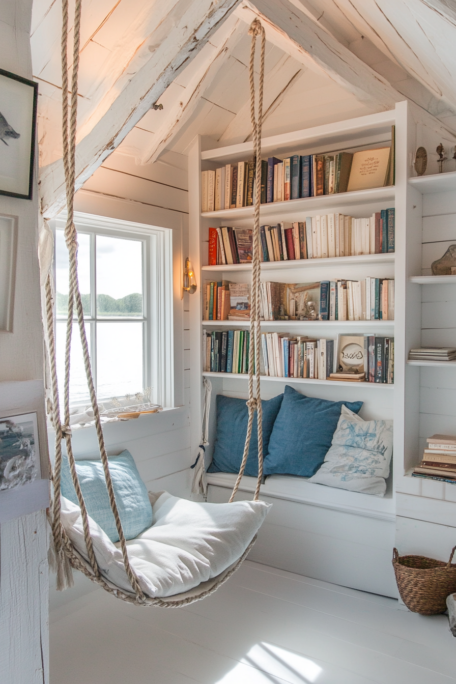 Reading sanctuary. White shelves, blue cushions on mahogany rope swing chair.