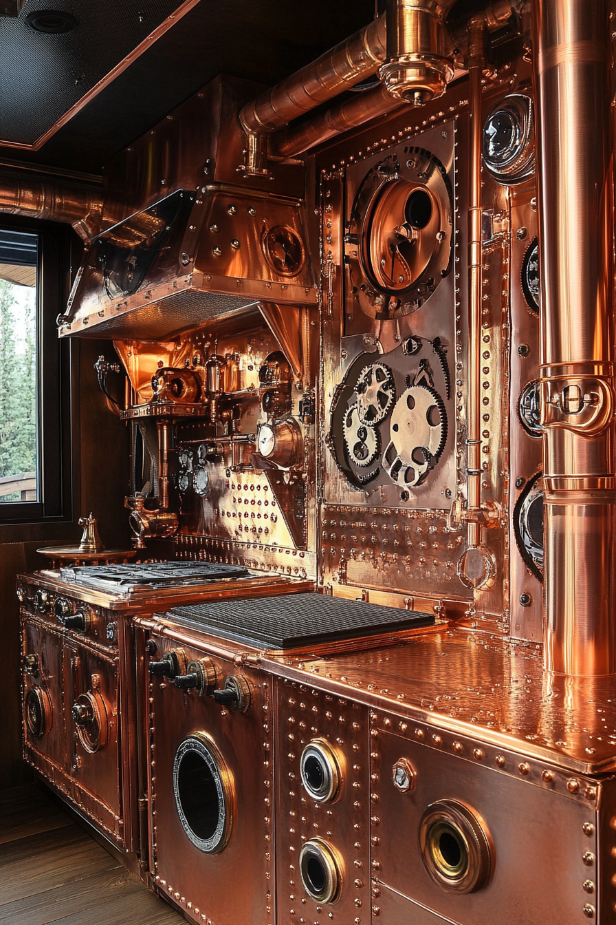 Micro home. Copper appliances with cogwheel patterns.