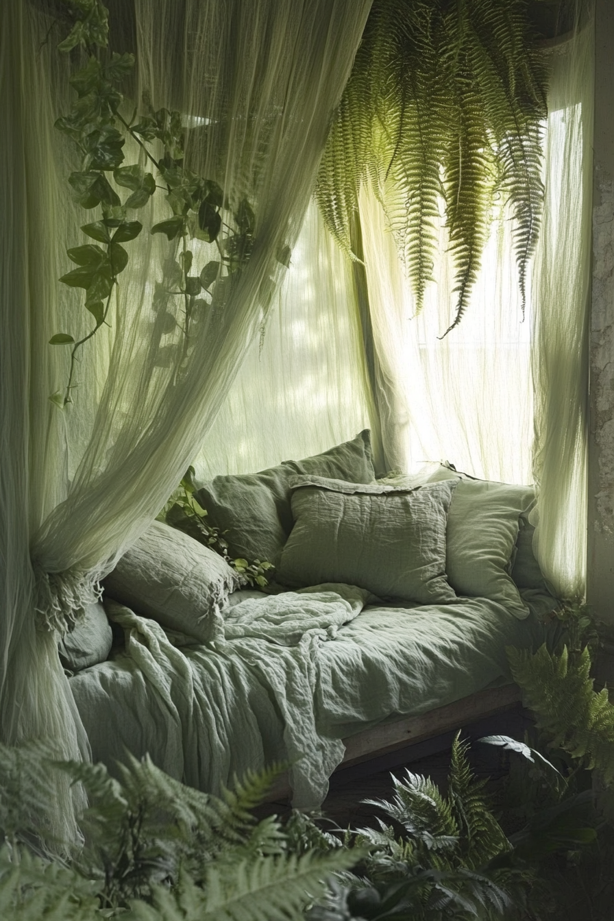 Sleeping nook. Mosquito net drapes and lush fern surround.