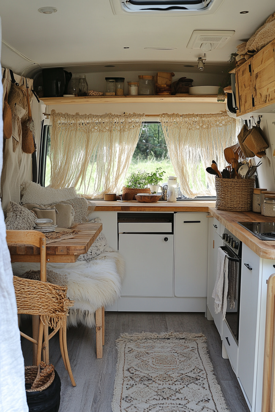 Bohemian camper kitchen. Macramé curtains, rattan furniture, wood counter.