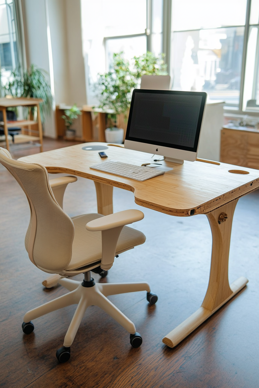 Mobile workspace design. Bamboo desk with beige ergonomic chair.