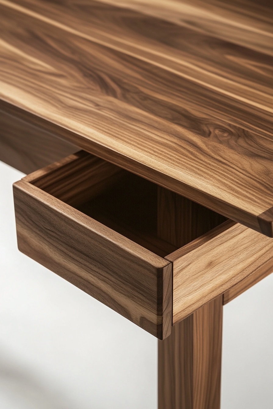 Dining table for small spaces. Square, wooden, with built-in drawer.