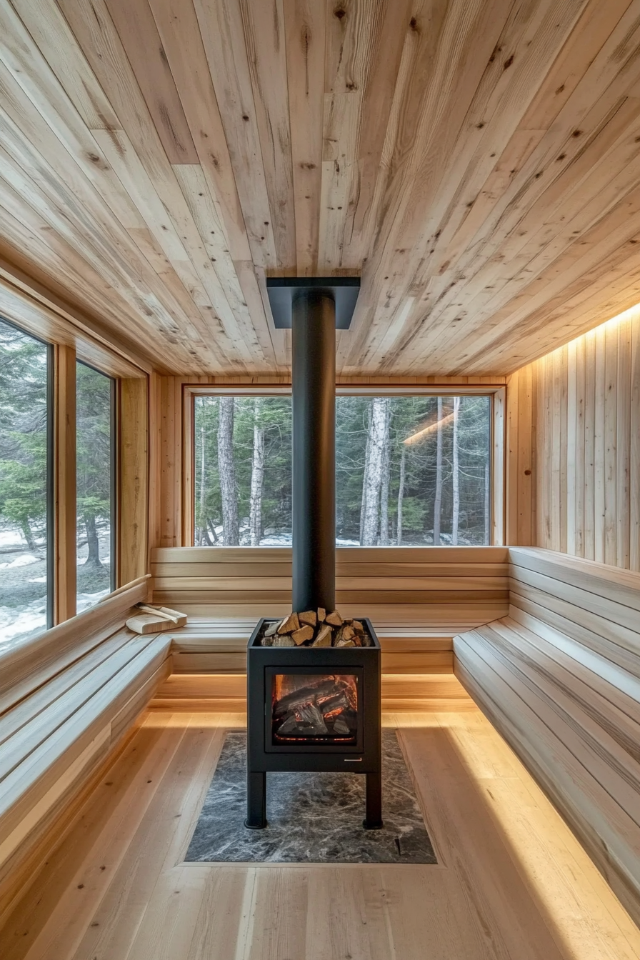 Sauna room design. Cedar wood-burning stove with three-level bench.