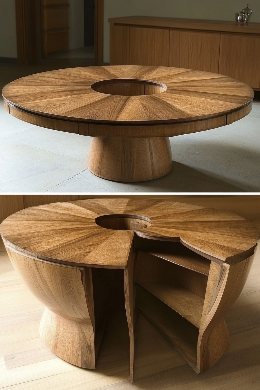 Hidden Compartment Dining Table. Round convertible table with a hidden shelve.