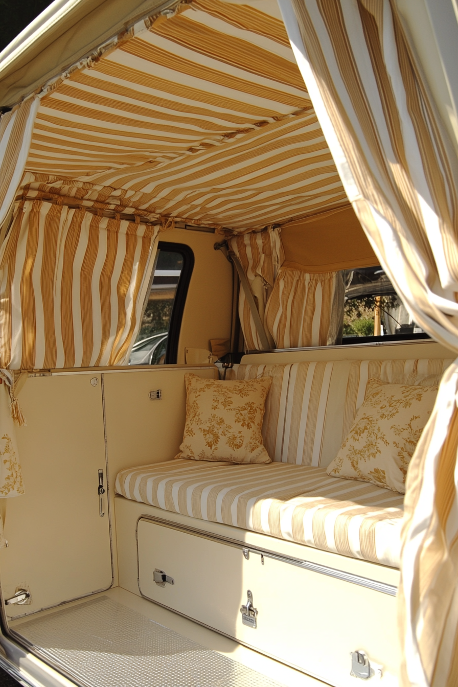 Camper design. Striped canvas awning and beige chintz cushion interior.