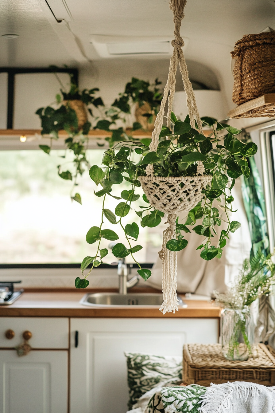 Bohemian camper kitchen. Macramé hanging plant with rattan furniture.