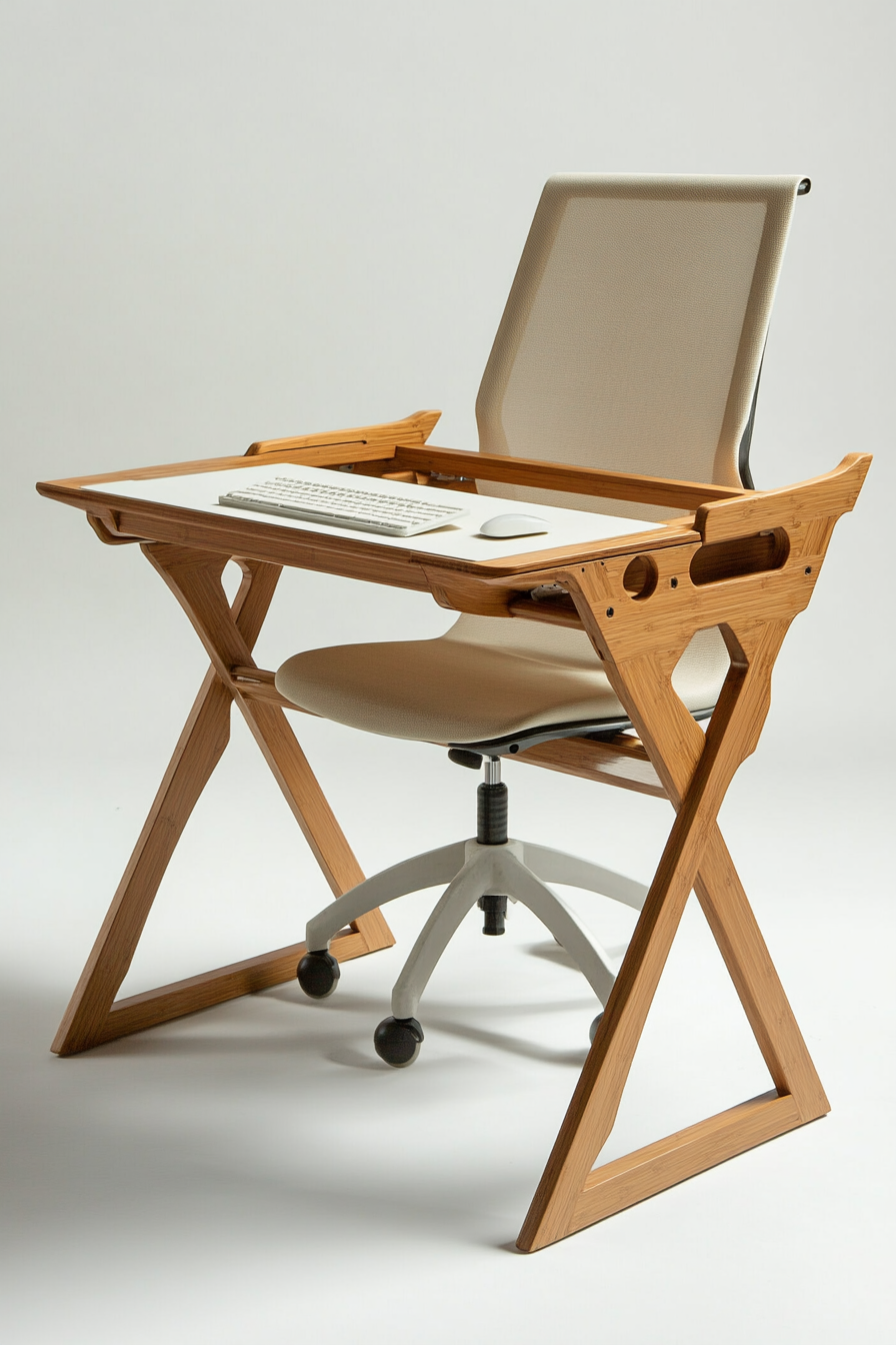 Mobile workspace design. Bamboo desk with neutral beige ergonomic chair.