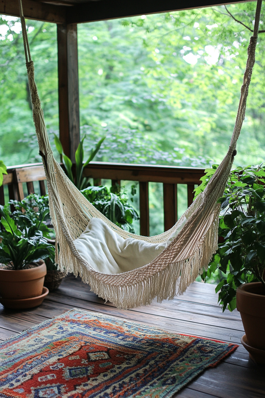 Bohemian patio. Macramé hanging chair, affinity kilim rugs, leafy potted plants.