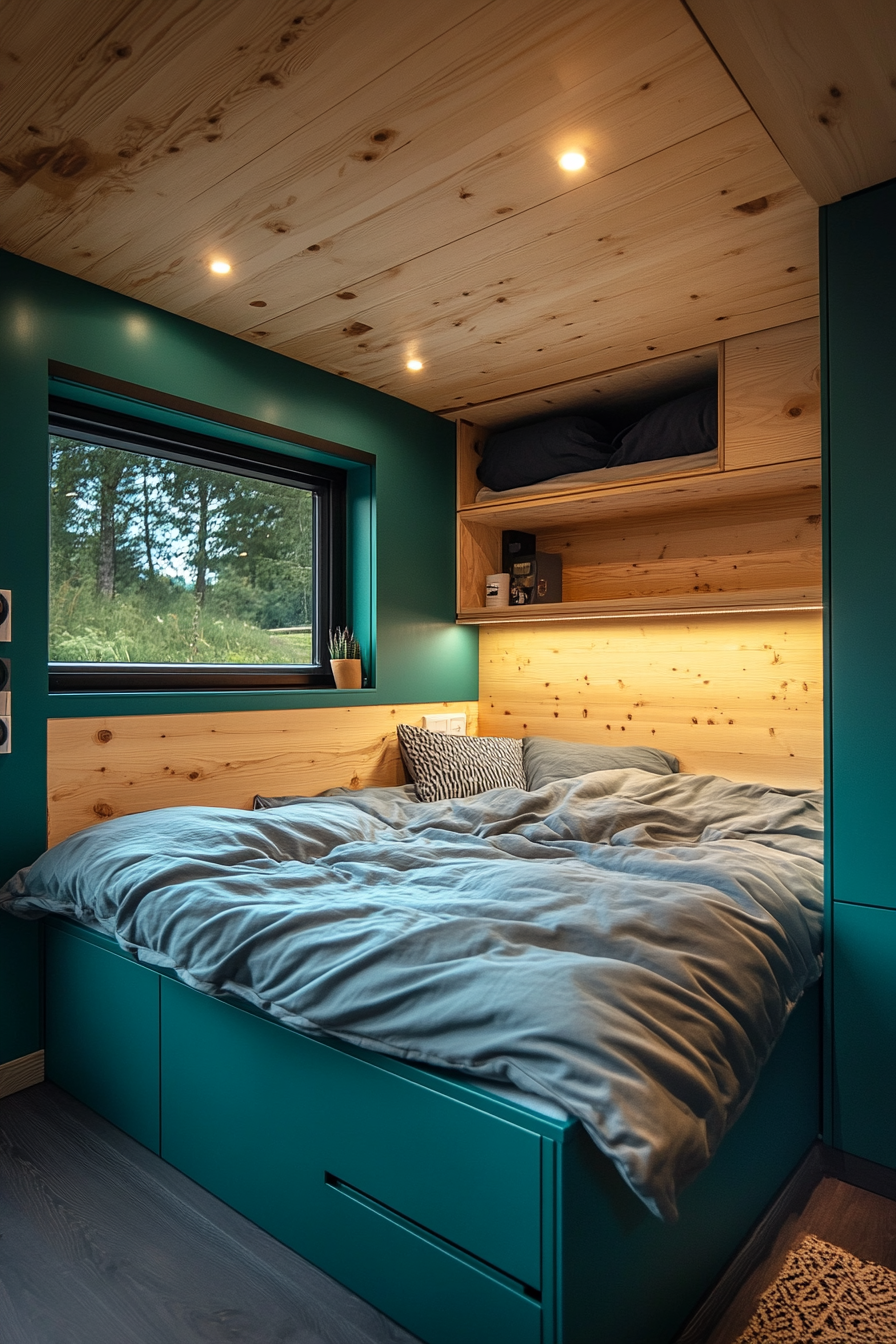 Minimalist tiny house bedroom. Teal hidden storage bed with oak wall-mounted nightstands.