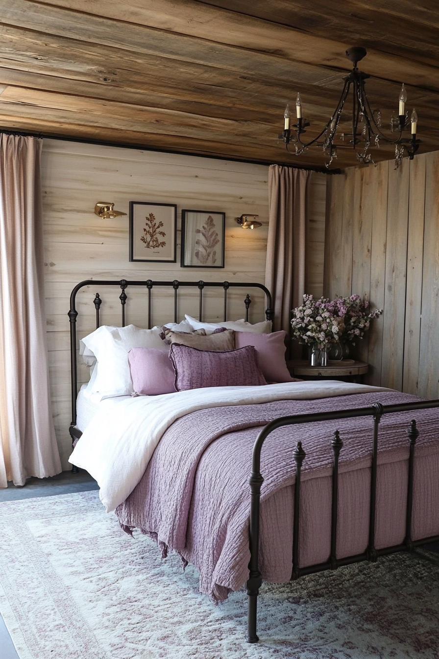 Rustic-chic bedroom. Shiplap ceiling, iron bed frame with pale mauve bedding.