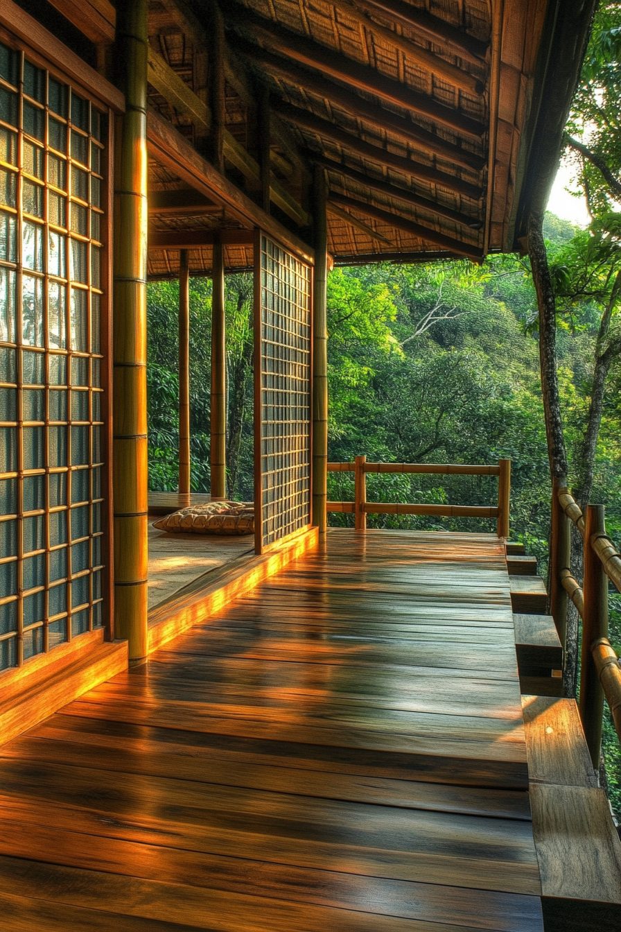 Elevated platform. Bamboo panel construction with forest green Zen camp. Sliding Shoji screen.