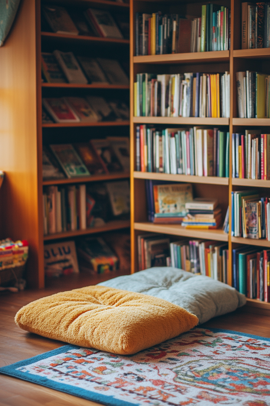 Child-sized library concept. Comfortable woolen floor cushion next to low height wooden bookshelf.