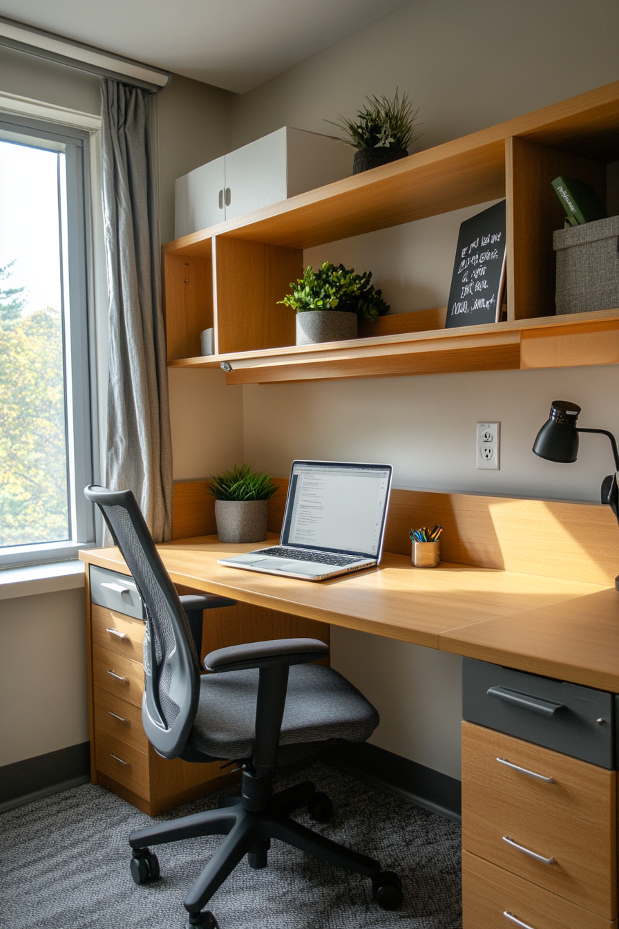 Student dorm room. Wooden study desk with grey ergonomic chair.