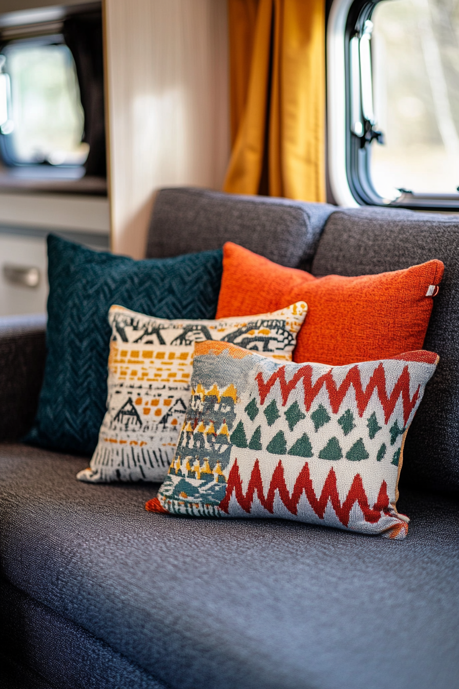 Fall RV decor. Bauhaus print throw pillows on charcoal-grey sofa.