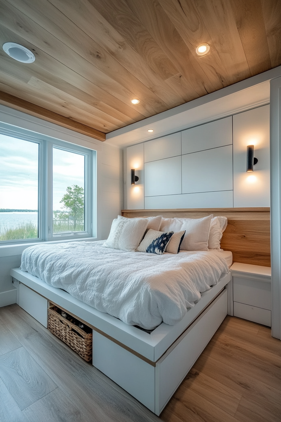 Tiny house bedroom. Minimalist design with wall-mounted night lights and storage under bed.