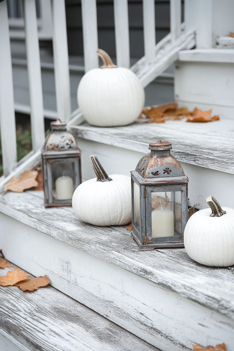 Fall porch. White pumpkins with galvanized metallic lanterns on distressed wooden steps.