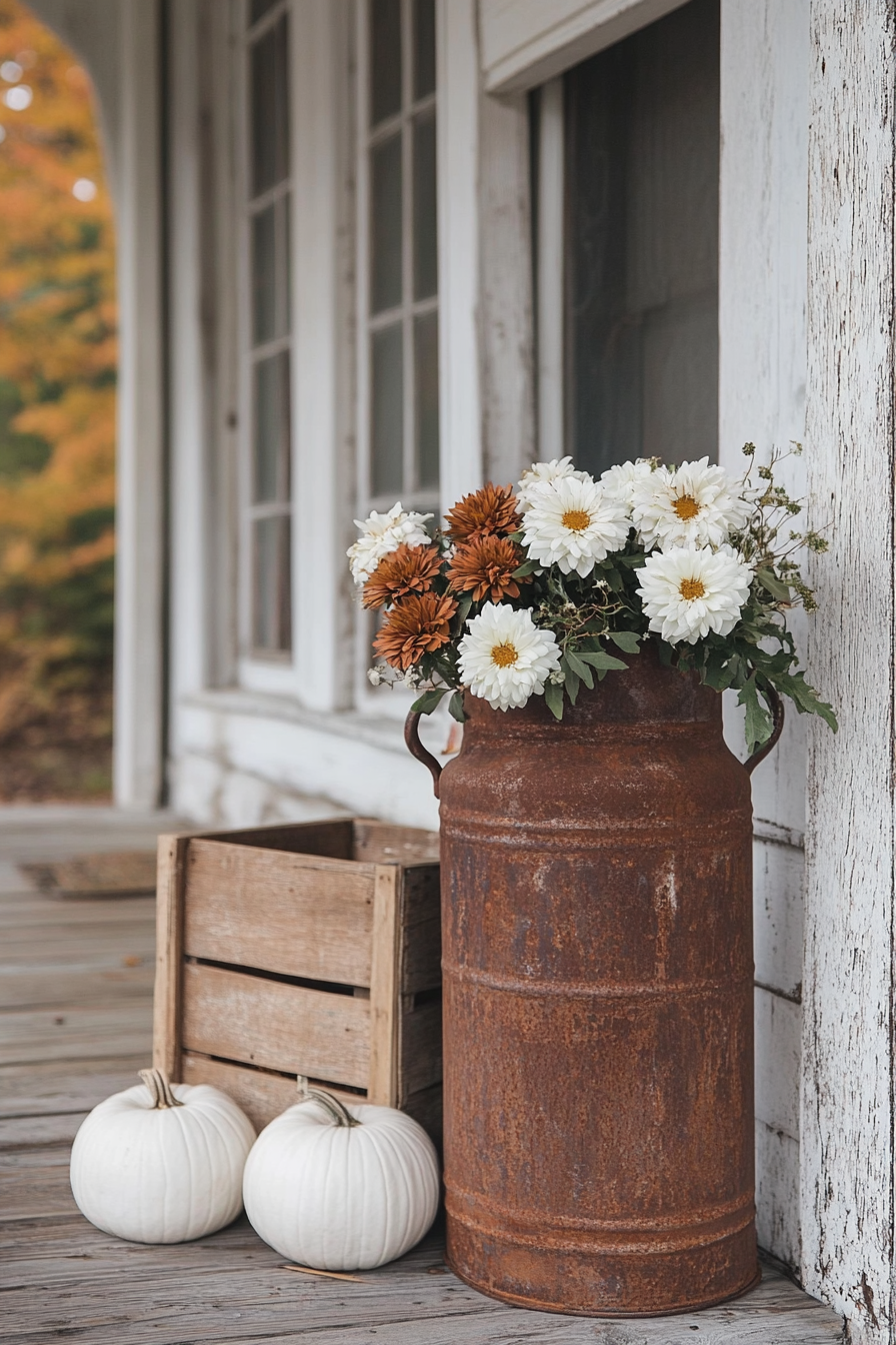 Fall porch. Hay bales, rusted metal pitcher with chrysanthemums, vintage wooden crate, and white pumpkins.