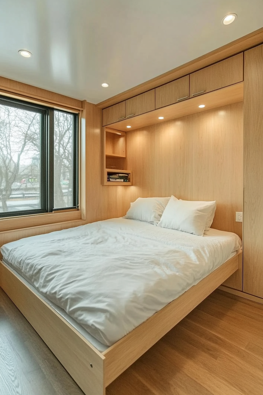 Tiny house bedroom. Minimalist design, wall-mounted nightstands, hidden storage bed.