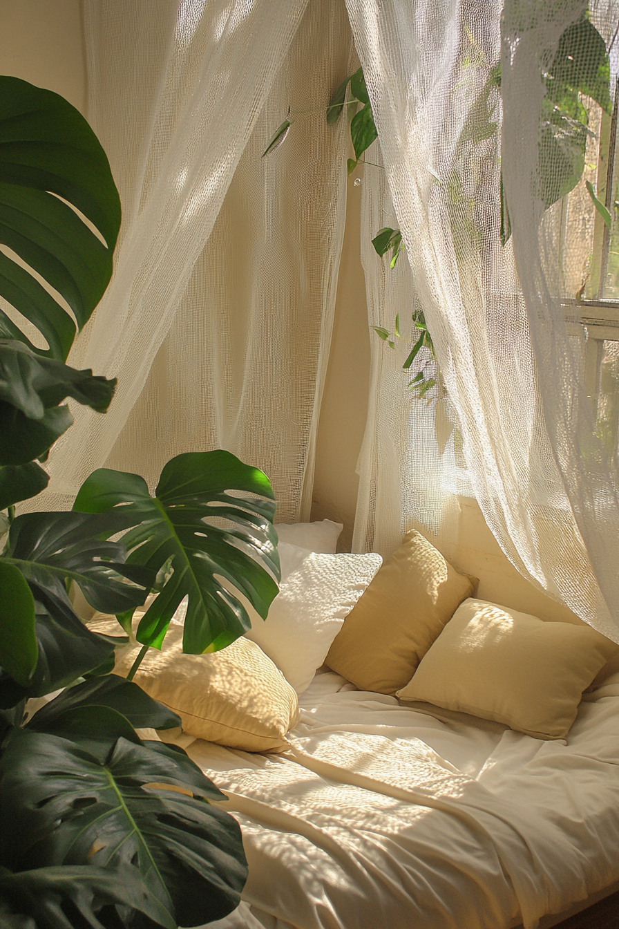 Sleeping nook. White mosquito net drapes, Monstera plant.