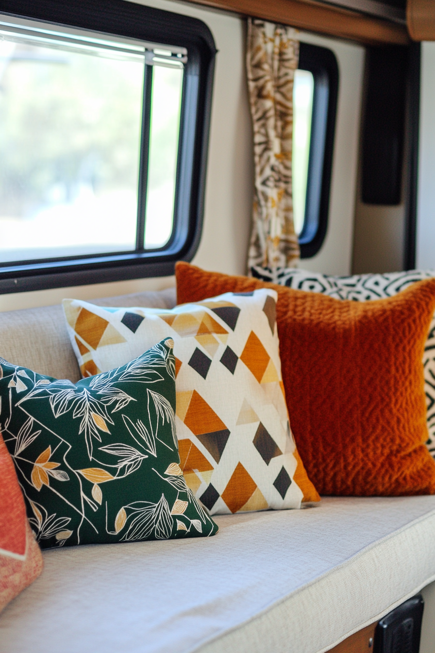 Fall RV decor. Geometric patterned Bauhaus-style throw pillows.