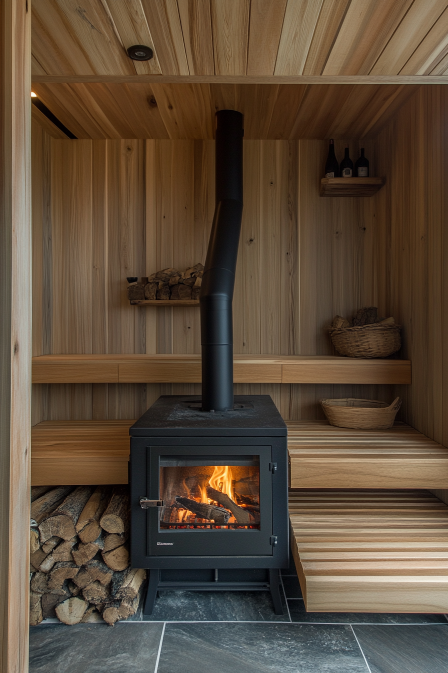 Sauna room design. Wood-burning stove with cedar tiered benches.