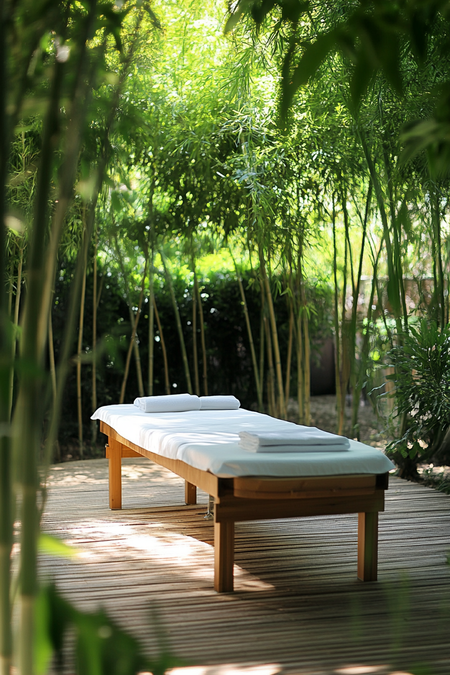 Massage table outdoors, nestled under clumps of tall bamboo.