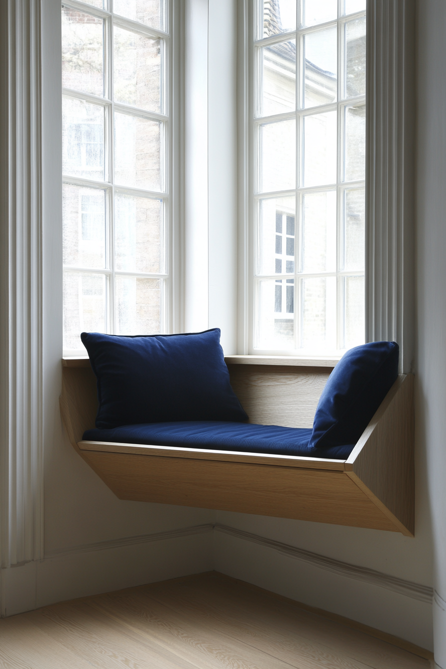 Window alcove concept. Floating oak bench with hidden blue velvet storage boxes.