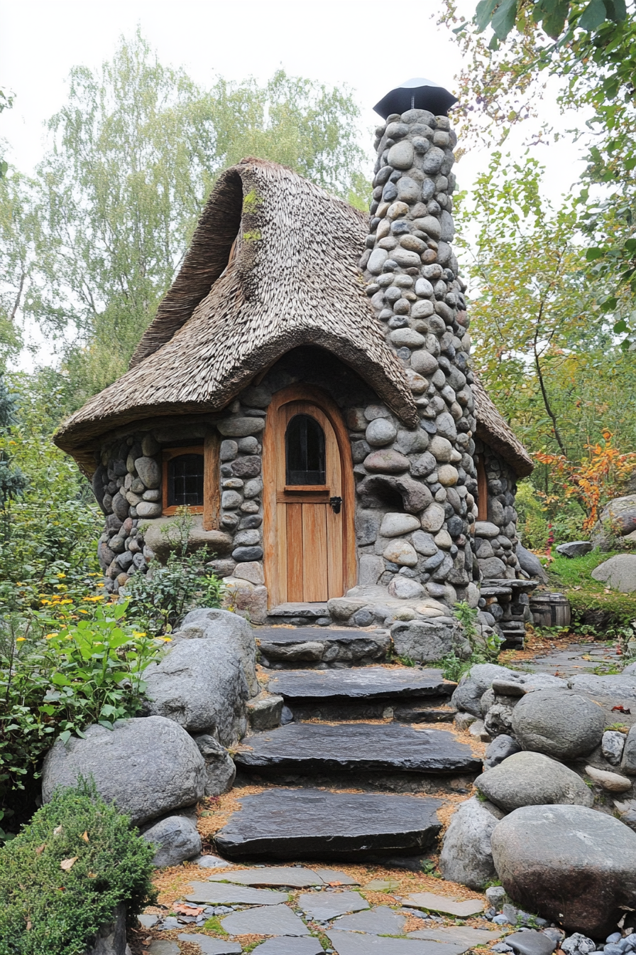 Micro home design. Crooked chimney and cobblestone exterior with thatched roof.