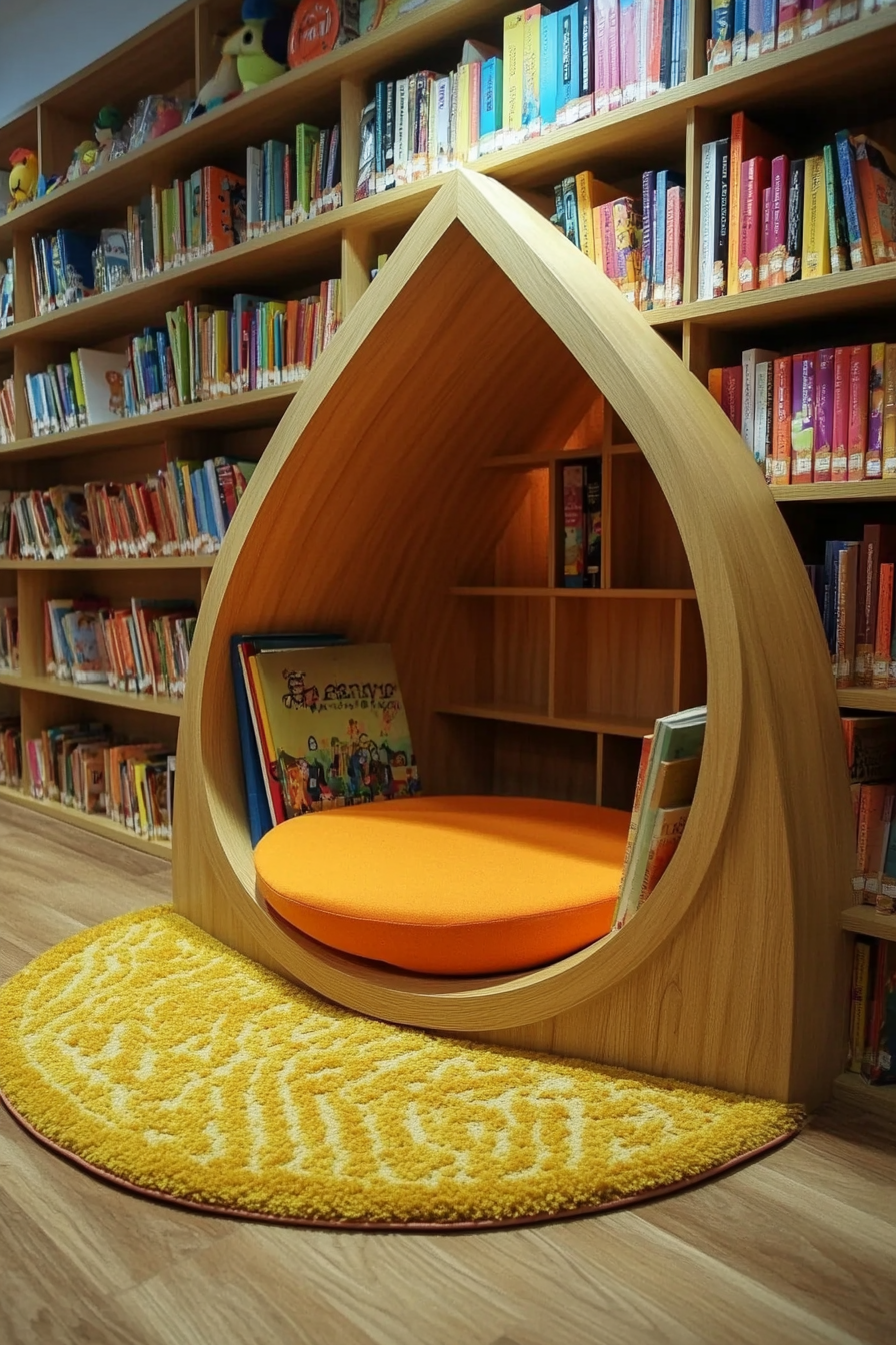 Child-sized library concept. Circular floor cushion next to teardrop-shaped accessible book shelf.