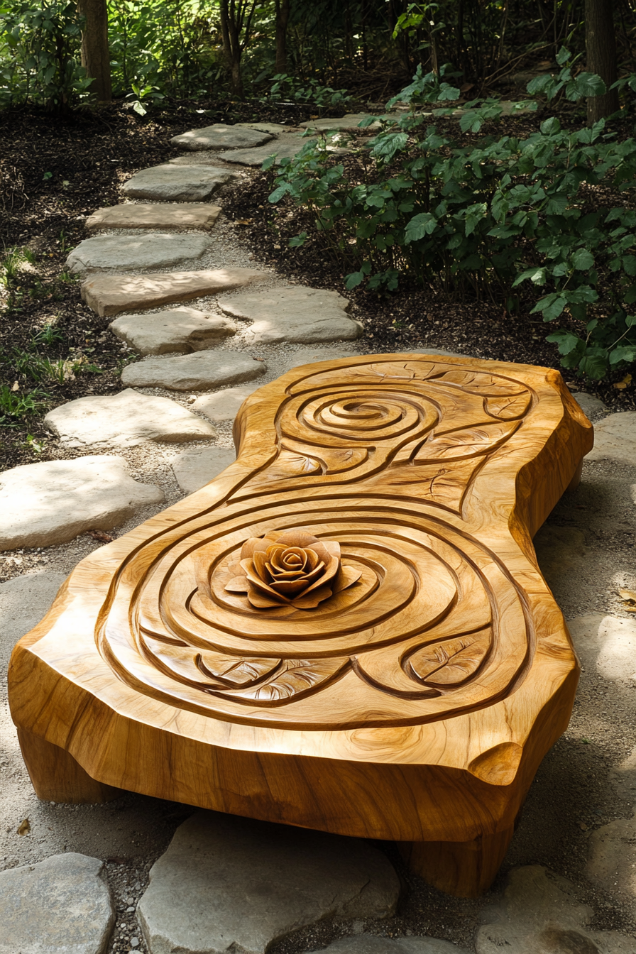 Outdoor massage table. Carved leaf motifs on teak wood. 

Meditation labyrinth layout. Sandstone path, rose without thorns in centre.