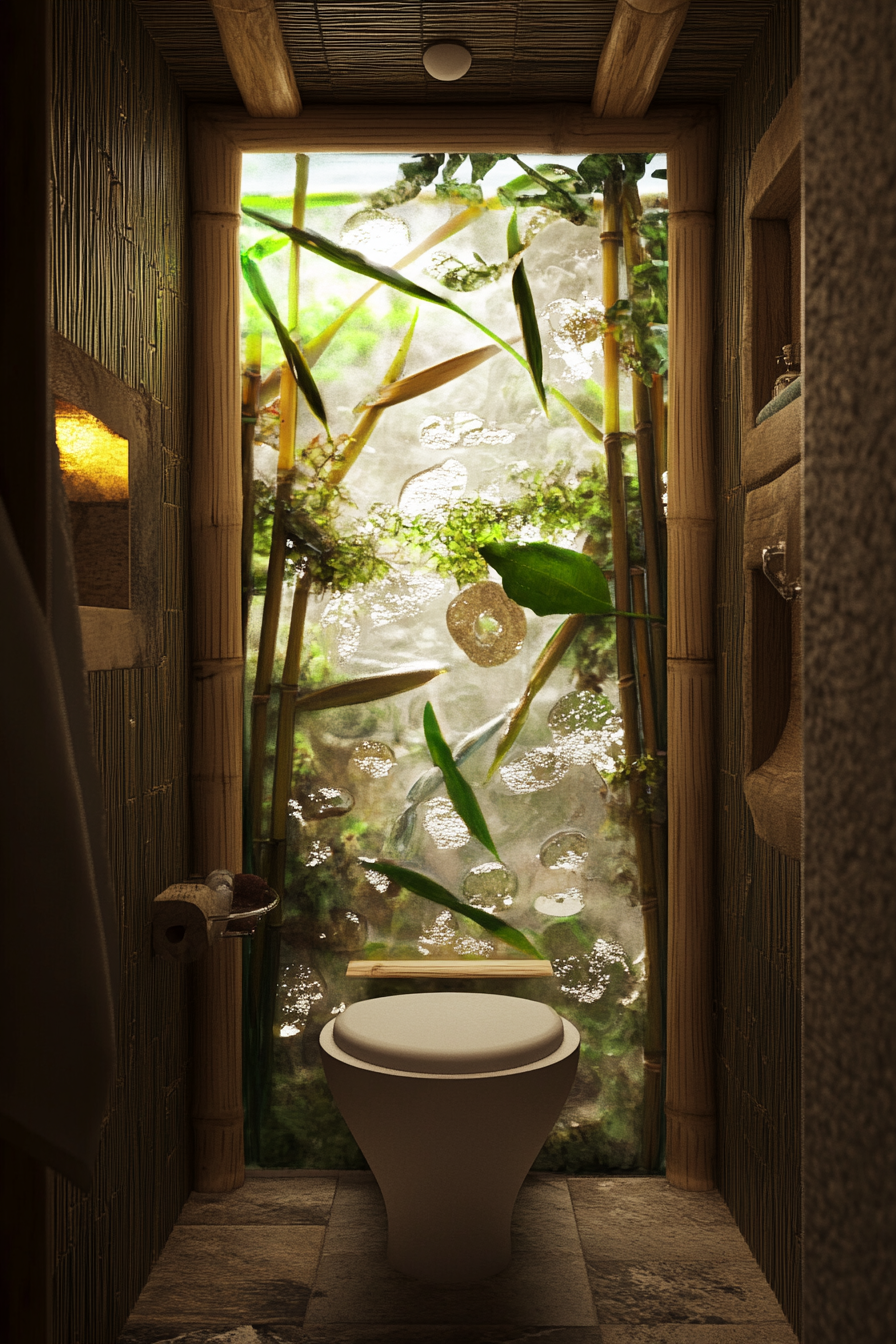 Tiny eco-bathroom concept. Privacy stained-glass window with bamboo and river rock inset design.