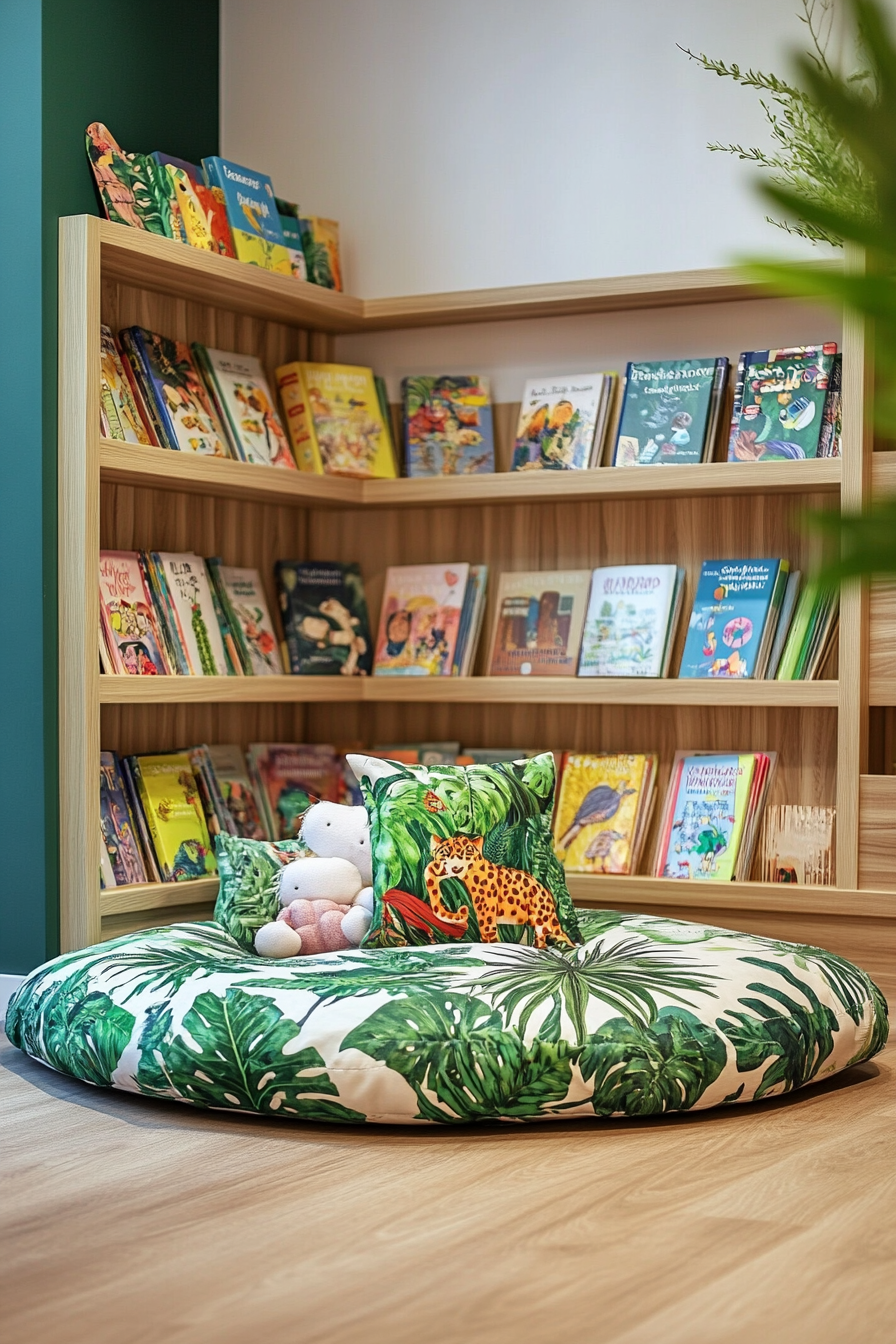 Child-Sized Library Concept. Floor cushion with jungle print and low book display in natural wood.