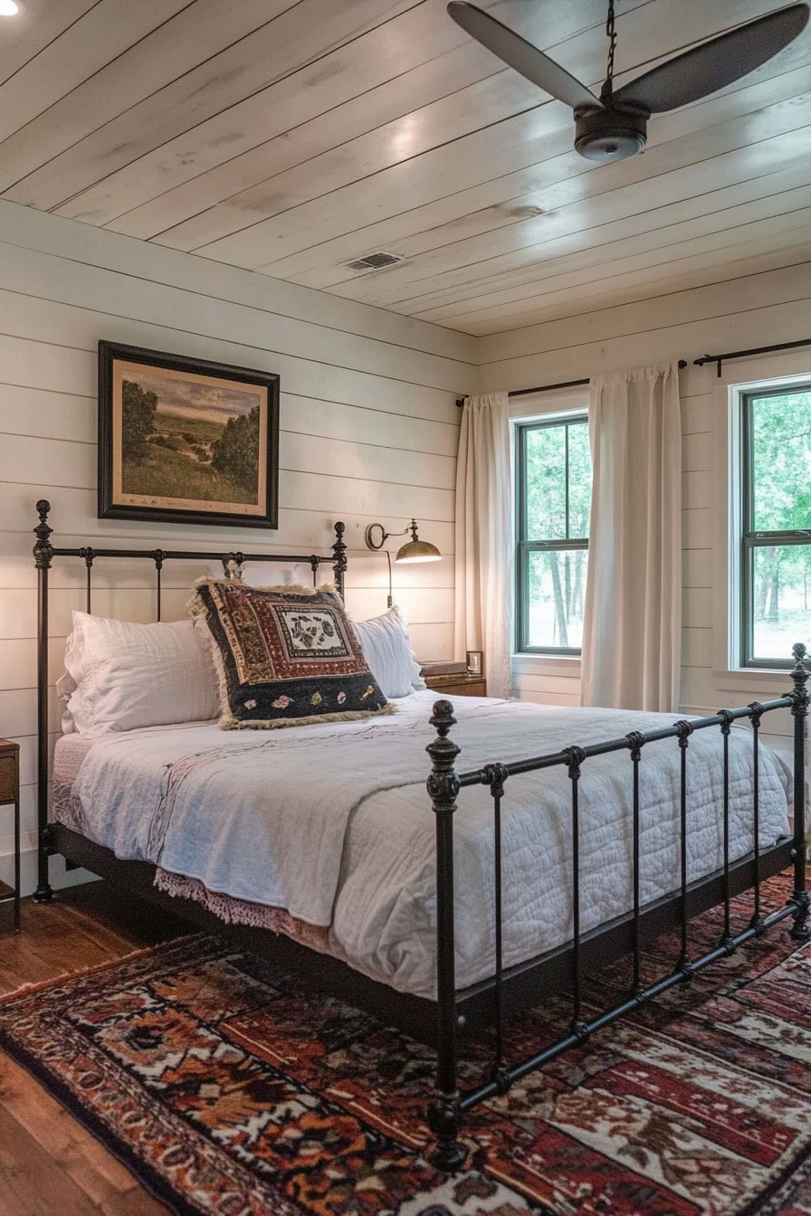 Rustic-Chic Bedroom. Shiplap ceiling painted white, wrought iron bed.