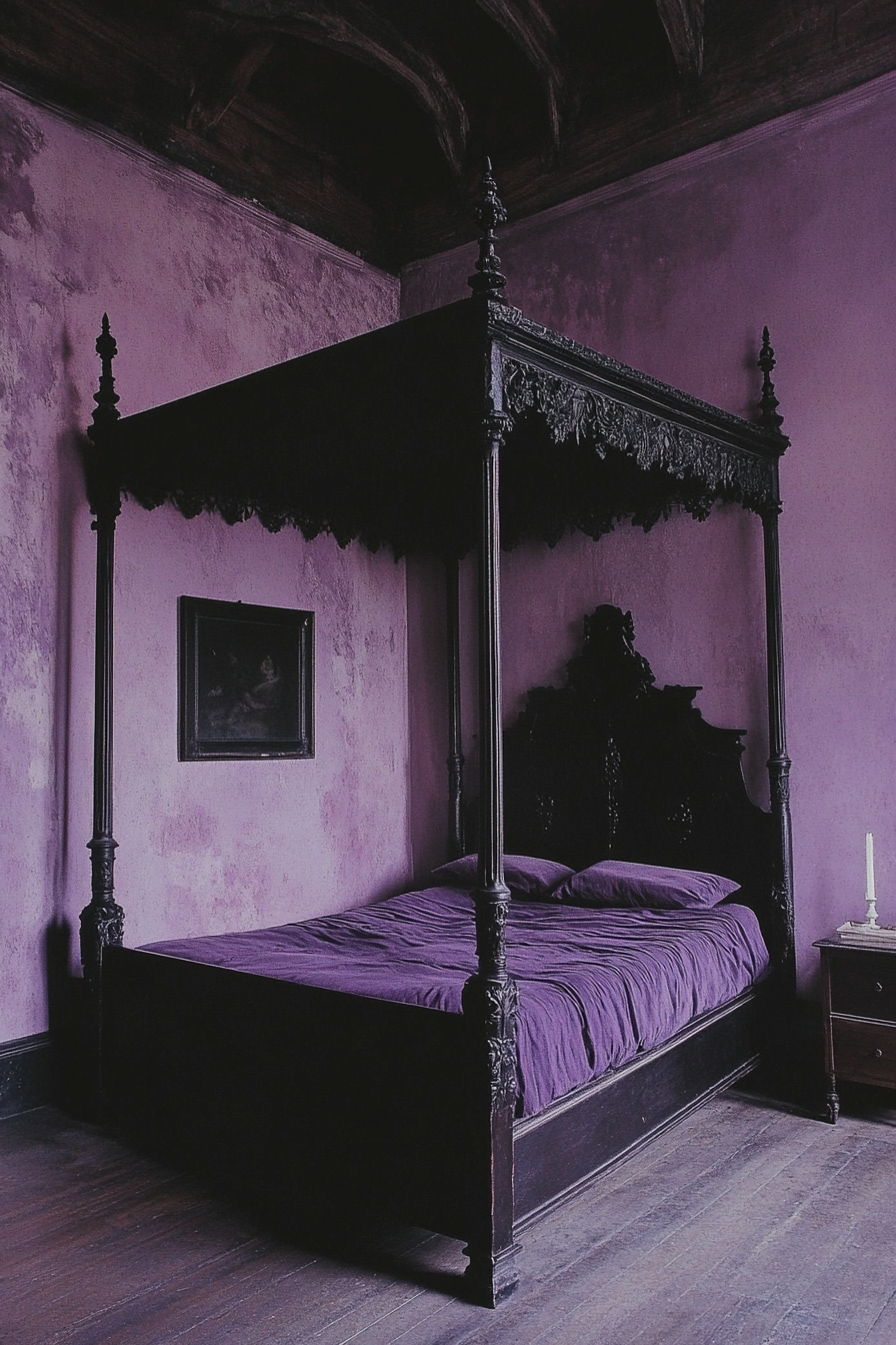 Gothic-pastel bedroom. Black four-poster bed against lavender colored walls.