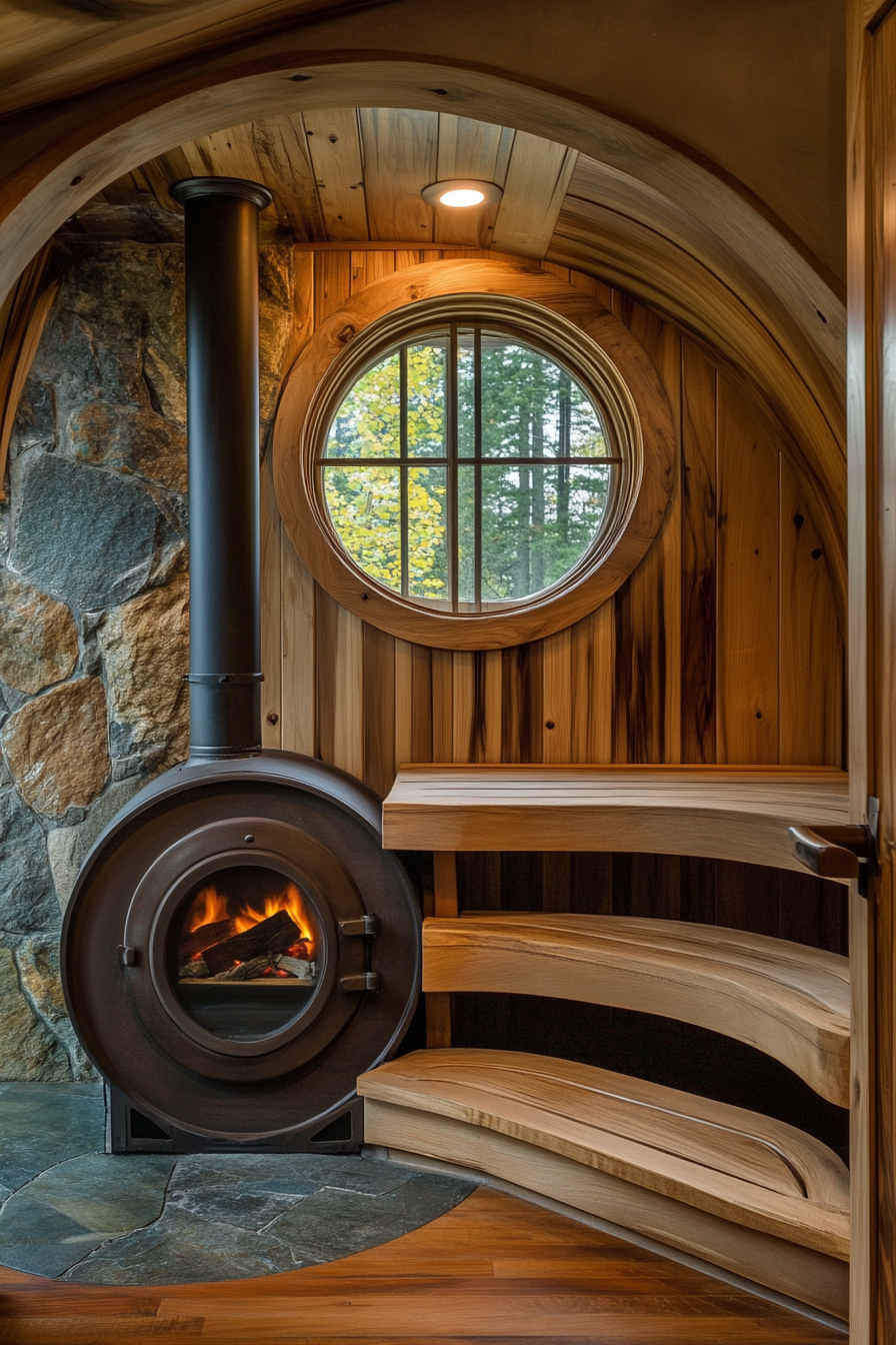 Sauna Room Design. Round wood-burning stove and three-tiered cedar bench.