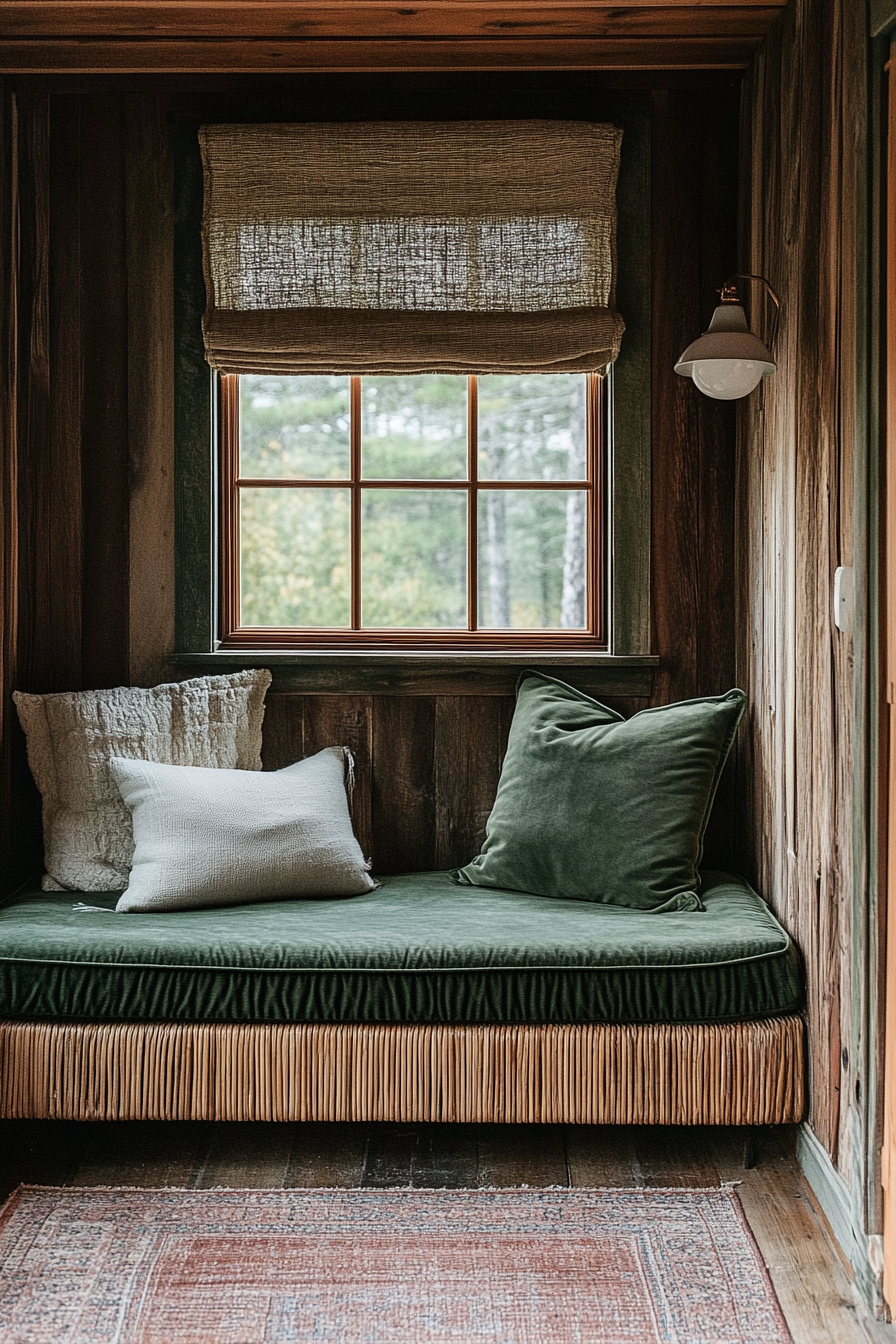 Tiny home upper level design. Velvet sage green daybed against rattan paneling.