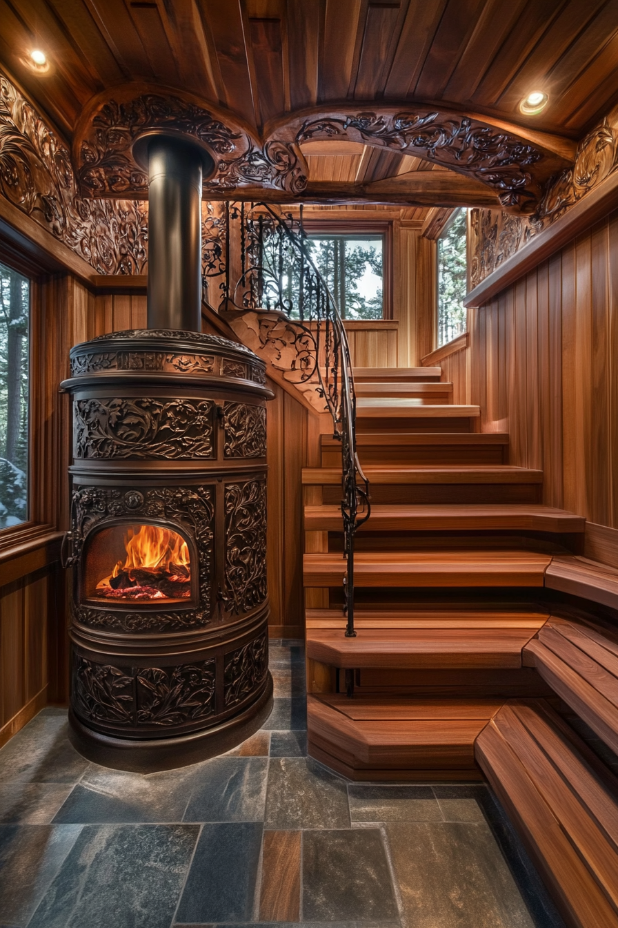 Sauna room design. Wrought-iron wood-burning stove with cedar tiered benches.