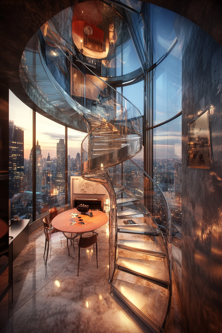 Micro living concept. Spiral staircase leading to glass-roofed,top-floor viewpoint.