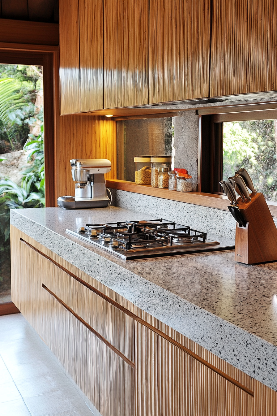 Exotic minimalist cooking space. Bamboo cabinets with gray Terrazzo countertop.