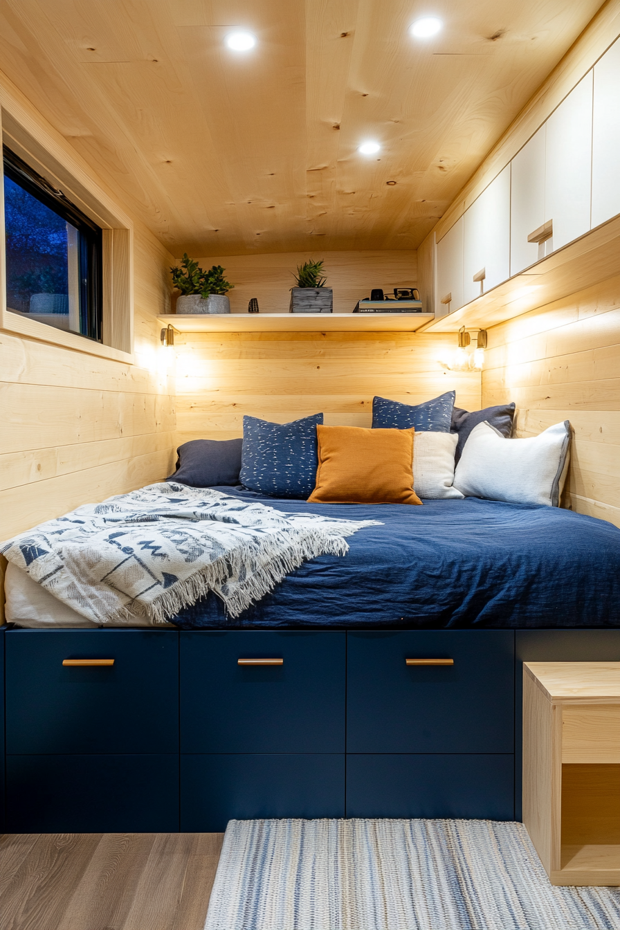 Minimalist tiny house bedroom. Navy blue hidden storage bed with light wood wall-mounted nightstands.