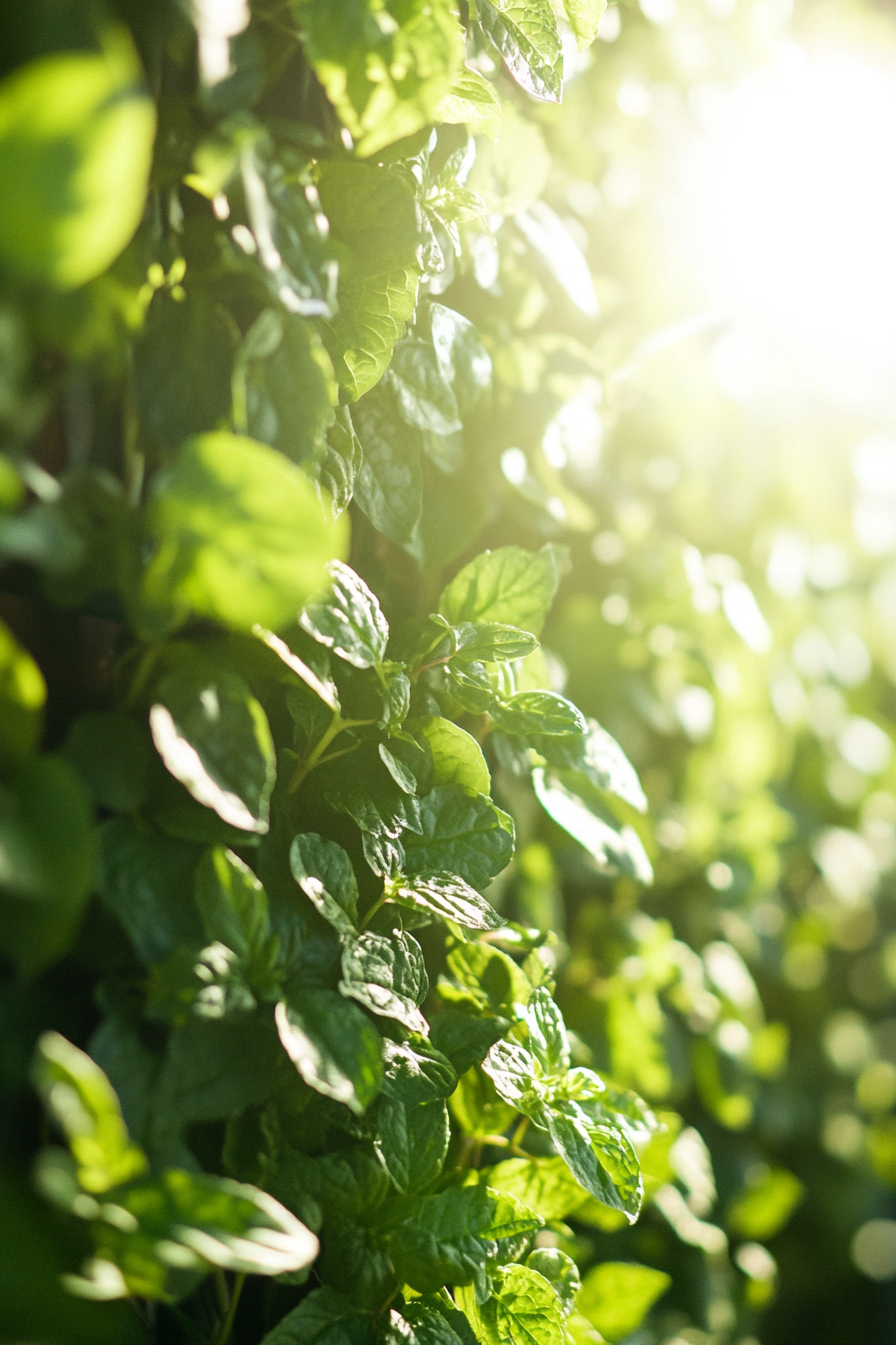 Living wall design. Hydroponic system with aromatic herbs under dappled sunlight.