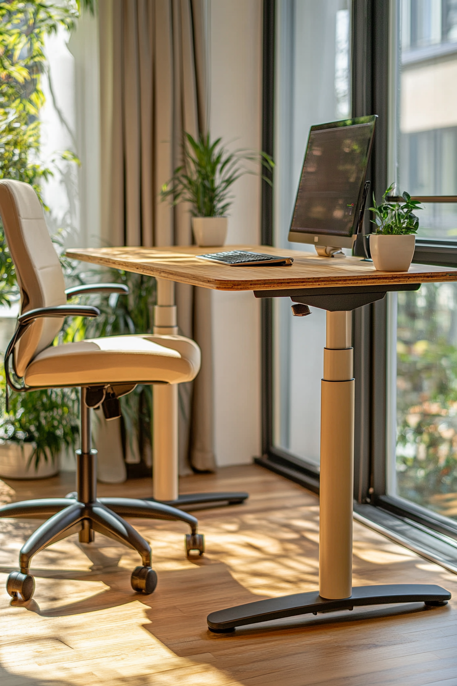 Mobile workspace design. Bamboo standing desk with beige ergonomic chair.