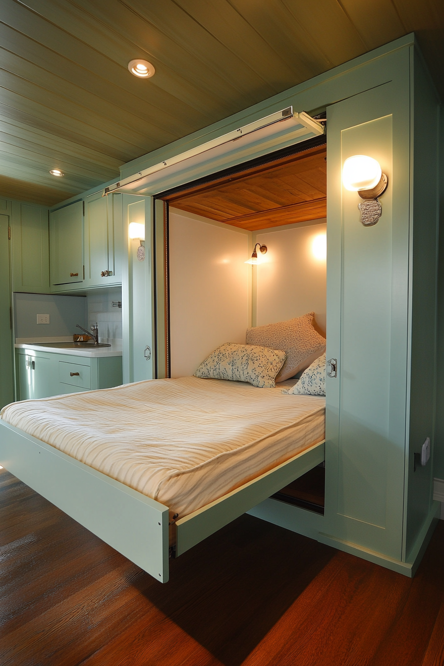 Convertible tiny home piece. Murphy bed with built-in storage.